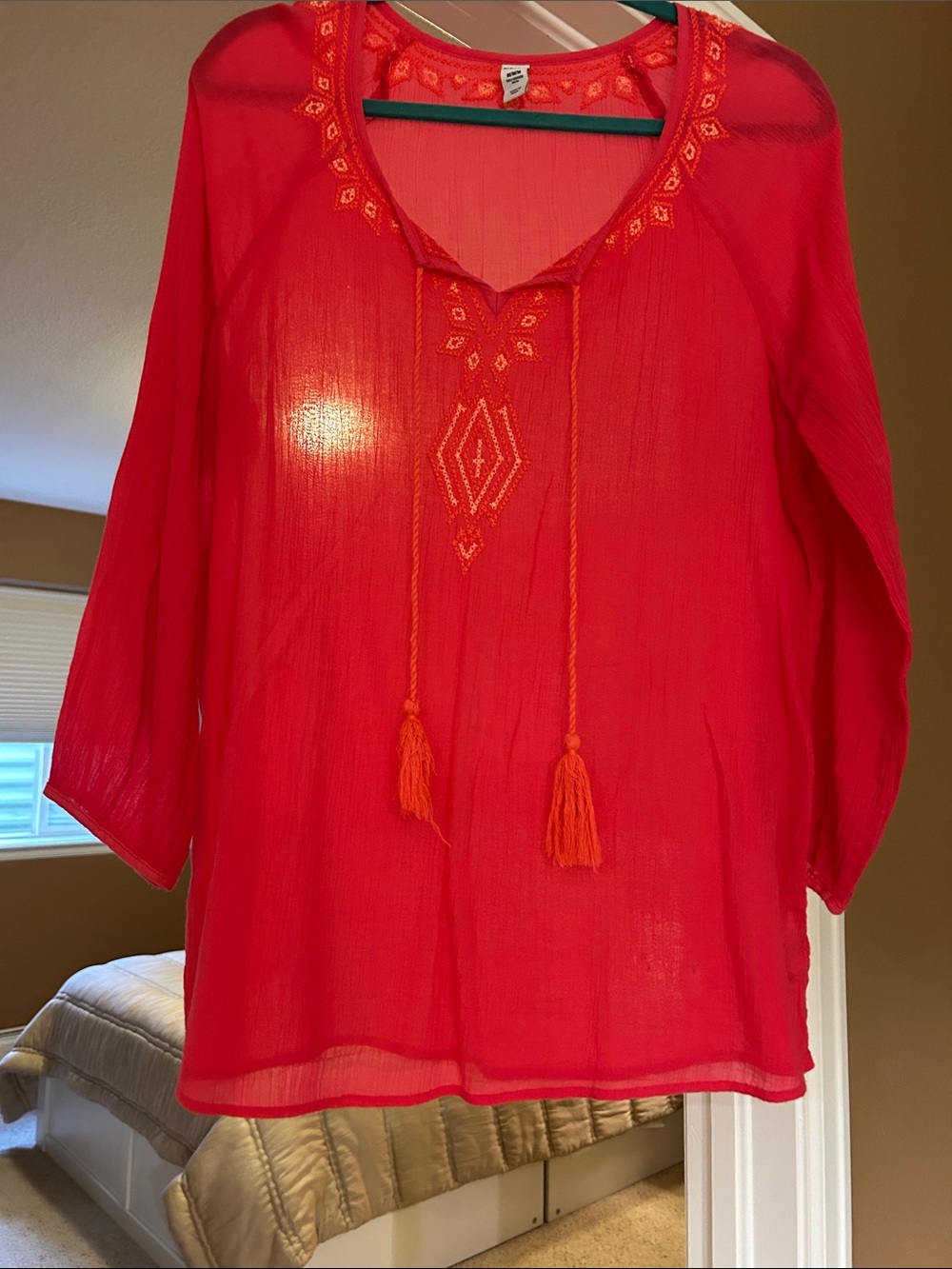 Old Navy Bright Red Embroidered Tassel Peasant Tunic